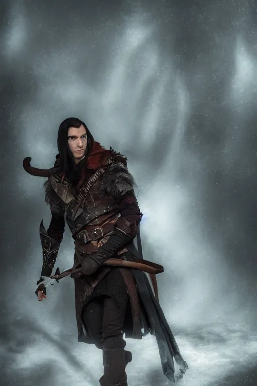 Image similar to Liam O'Brien as Vax'ildan from Vox Machina, Half-elf Rogue, realistic cinematic shot, swirling nature magic, subtle fog and mood lighting