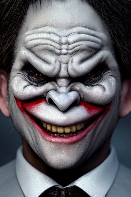 Image similar to portrait of a cute adorable miniature Joker but he's an ape kid in a business suit, realistic and ultra intricate detailed soft painting, symmetrical, volumetric lighting, mist, Artstation, unreal engine, depth of field