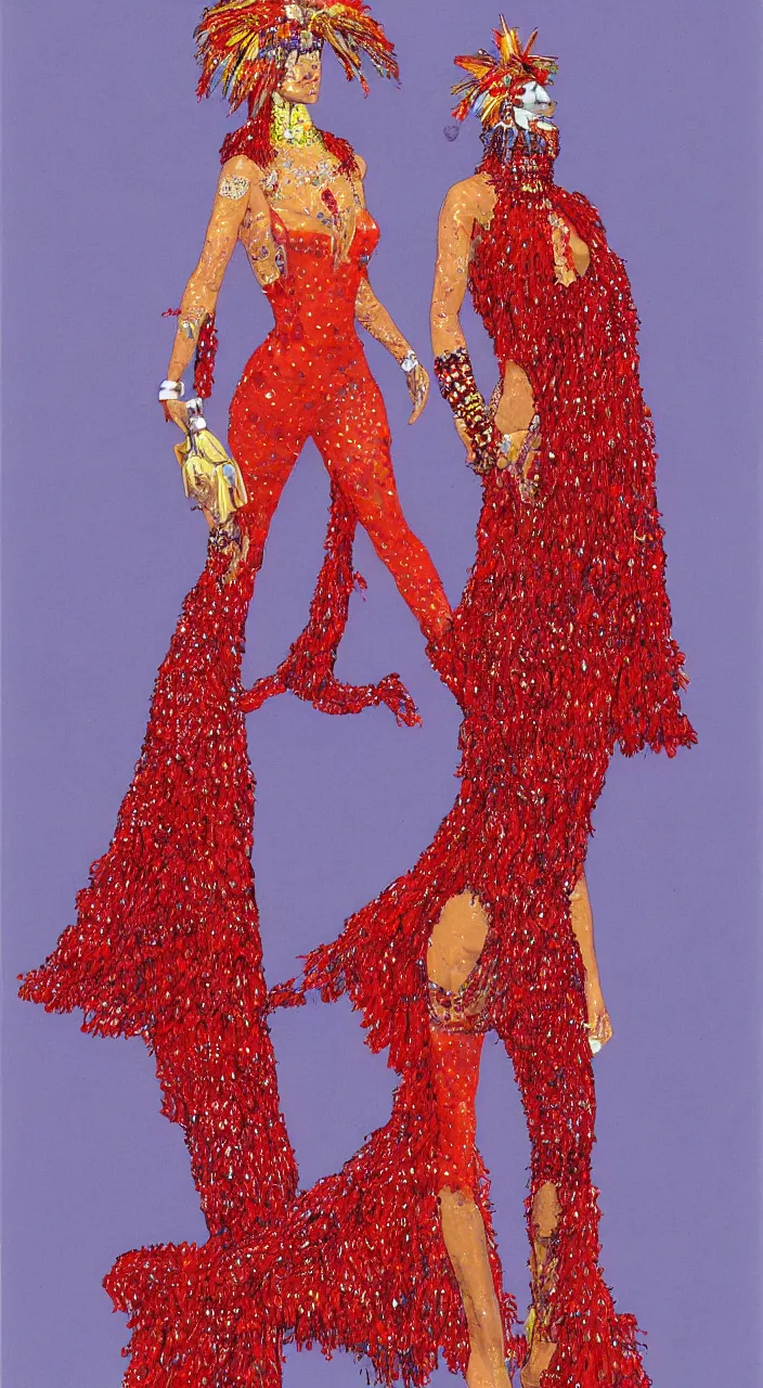 Prompt: a full - body woman character design concept art wearing a red sequined bodysuit, beads hanging over her face like an alexander mcqueen headdress, costume by eiko ishioka, haute couture by moebius, steven outram, colorful and psychedelic