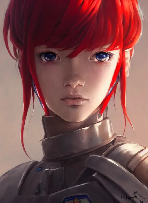 Image similar to portrait of Anime sister of battle, Warhammer 40000, cute-fine-face, red-short-hair pretty face, realistic shaded Perfect face, fine details. Anime. realistic shaded lighting by Ilya Kuvshinov katsuhiro otomo ghost-in-the-shell, magali villeneuve, artgerm, rutkowski, WLOP Jeremy Lipkin and Giuseppe Dangelico Pino and Michael Garmash and Rob Rey and Gustav Klimt