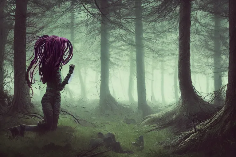 Prompt: dark eldritch girl in a swedish forest, very low angle photograph, very detailed, trending on artstation, hyperrealistic, soft colors, simon stalenhag, lovecraft, horror