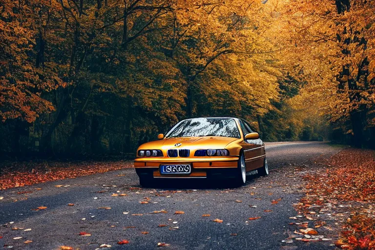 Image similar to A BMW e36 parked in a road with trees, autumn season, Epic photography, taken with a Canon DSLR camera, 250 mm, depth of field