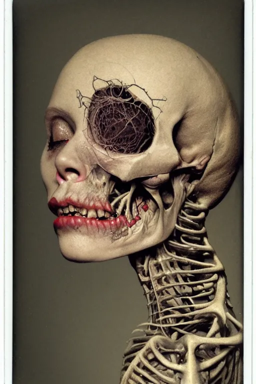 Image similar to an old polaroid photography of a very sad and detailed rotten woman corpse with fractal ornate growing around her face muscles, veins, arteries, bones, anatomical, skull, eye, ears, intricate, surreal, ray caesar, john constable, guy denning, dan hillier