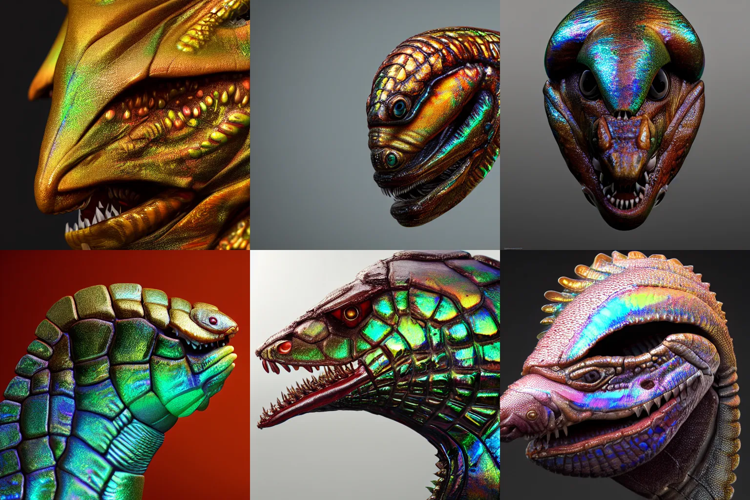 Prompt: incredibly realistic, too detailed sculpture, chrysalis barracuda head, made of iridescent carapaces, beeswax, membrane, octane render, bump mapping, macro image, global illumination, 8k, bokeh, Artstation, Ilya Kushinov