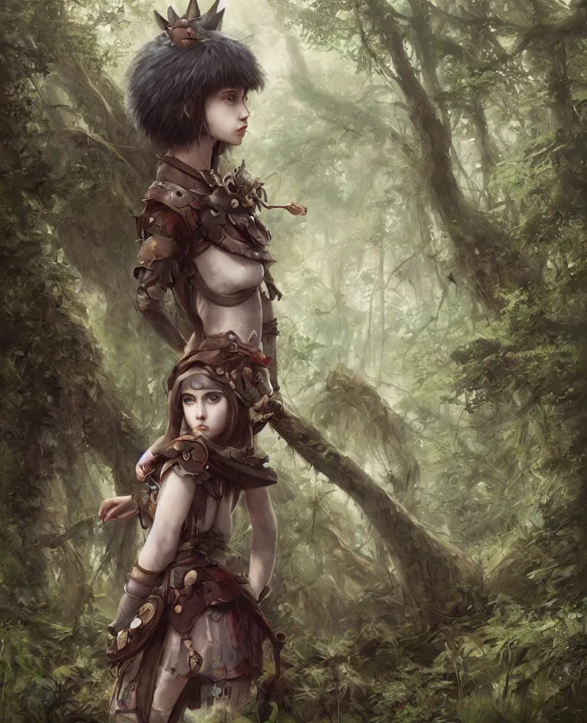 Prompt: portrait of Princess Mononoke girl, fully clothed in armor, lush forest landscape, painted by tom bagshaw, proko, artgerm, norman rockwel, james gurney, denoised, sharp, architectural