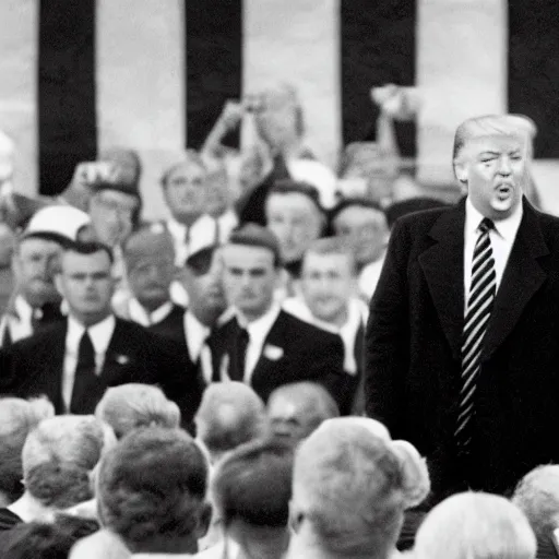 Image similar to photo of donald trump 1944 germany giving a speech, black and white, cinestill, 800t, 35mm, full-HD