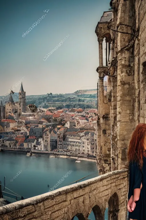 Image similar to a beautiful picture of overlook of medieval city, a girl stands on top of a bridge, detailed, 8 k