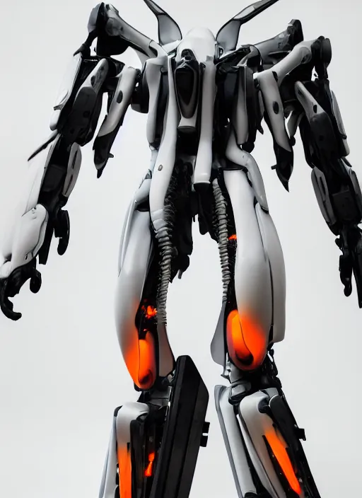 Image similar to a Photorealistic dramatic hyperrealistic full frame render of a Sleek futuristic exosuit Freedom Formula Racing Mech,Ultra realistic details,glossy white metal,Orange racing stripes,weathered surfaces,by Hidetaka Tenjin,Yoh Yoshinori,Yoji Shinkawa,Masamune Shirow,Beautiful dramatic dark moody tones and lighting,cinematic atmosphere,studio lighting,shadows,dark background, Octane render,8K