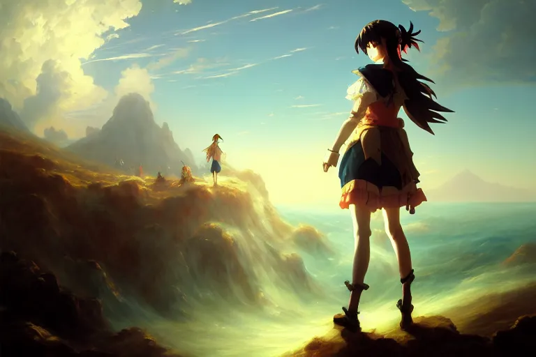 Prompt: baroque oil painting of anime key visual concept art of anime wanderer above the sea of fog 1 8 1 8 but figure is anime maid in armor set in grimdark fantasy, trending on artstation, palette knife and brush strokes, oil on canvas, makoto shinkai greg rutkowski studio ghibli