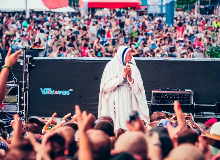 Image similar to photo still of mother teresa on stage at vans warped tour!!!!!!!! at age 4 8 years old 4 8 years of age!!!!!!! throwing roseries to the crowd, 8 k, 8 5 mm f 1. 8, studio lighting, rim light, right side key light