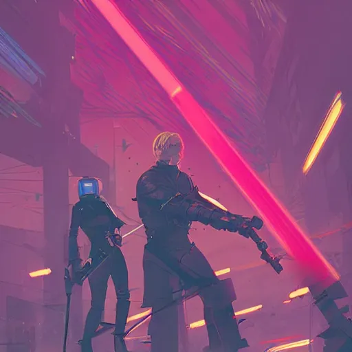 Image similar to jaime lannister and brienne of tarth fighting a thousand neon zombies with lightsabers, cyberpunk art by james gilleard, cgsociety, retrofuturism, synthwave, retrowave, outrun