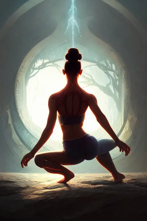 Image similar to detailed intricate digital illustration by greg rutkowski and artgerm and wlop and sanford robinson gifford ; yoga pose. radiant glowing veins ; 1 3 mm film, arri alfa anamorphic lens, sharp focus ; lit from behind, edge lighting, trending on artstation 8 k