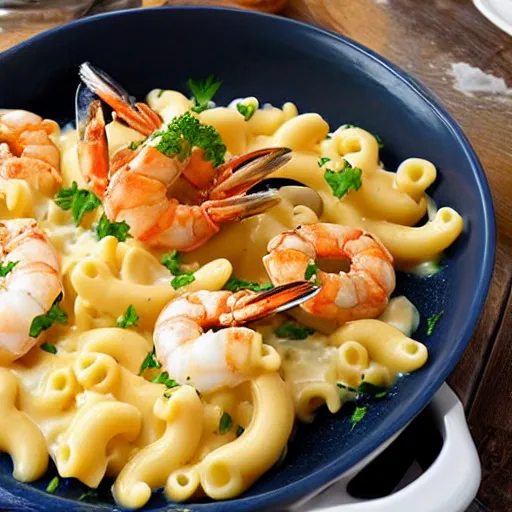 Prompt: seafood mac and cheese on a hot plate