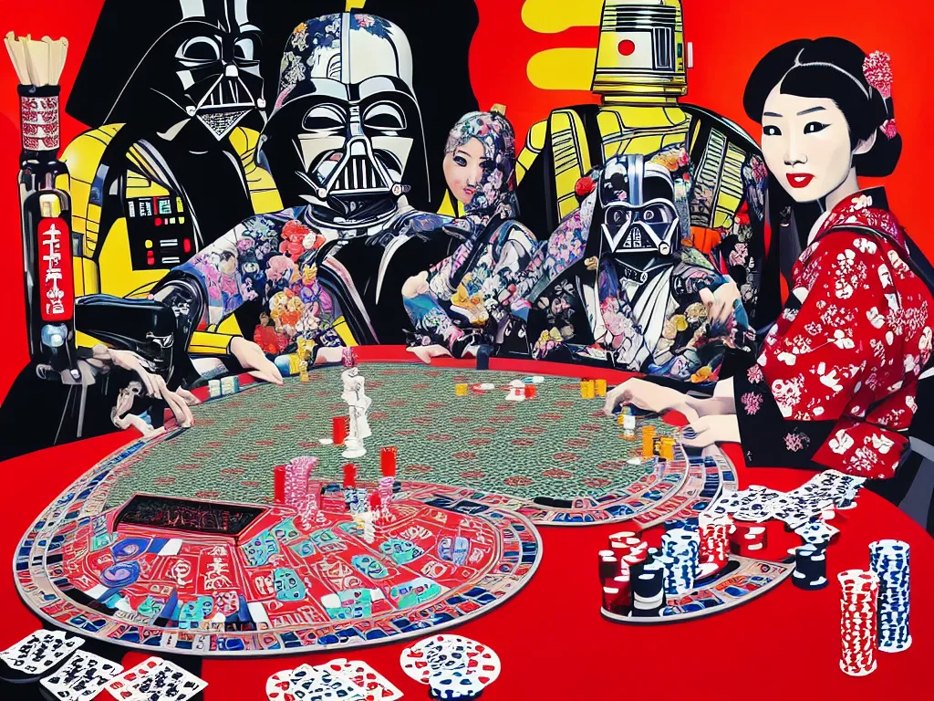 Image similar to hyperrealistic composition of the detailed woman in a japanese kimono with a c 3 p 0 robot head sitting at a extremely detailed poker table with darth vader, fireworks, mountain fuji on the background, pop - art style, jacky tsai style, andy warhol style, acrylic on canvas