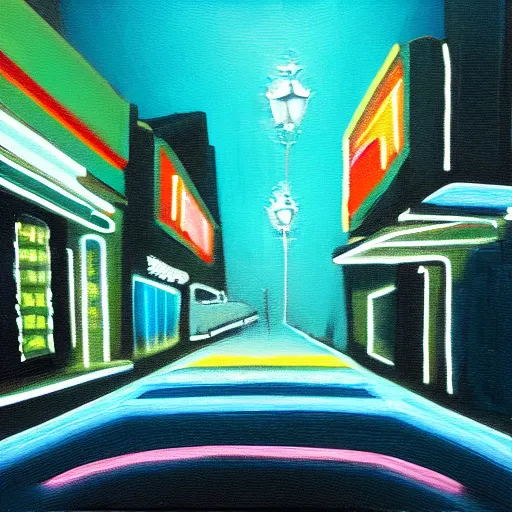 Prompt: impasto texture acrylic painting of a neon lit city street at night