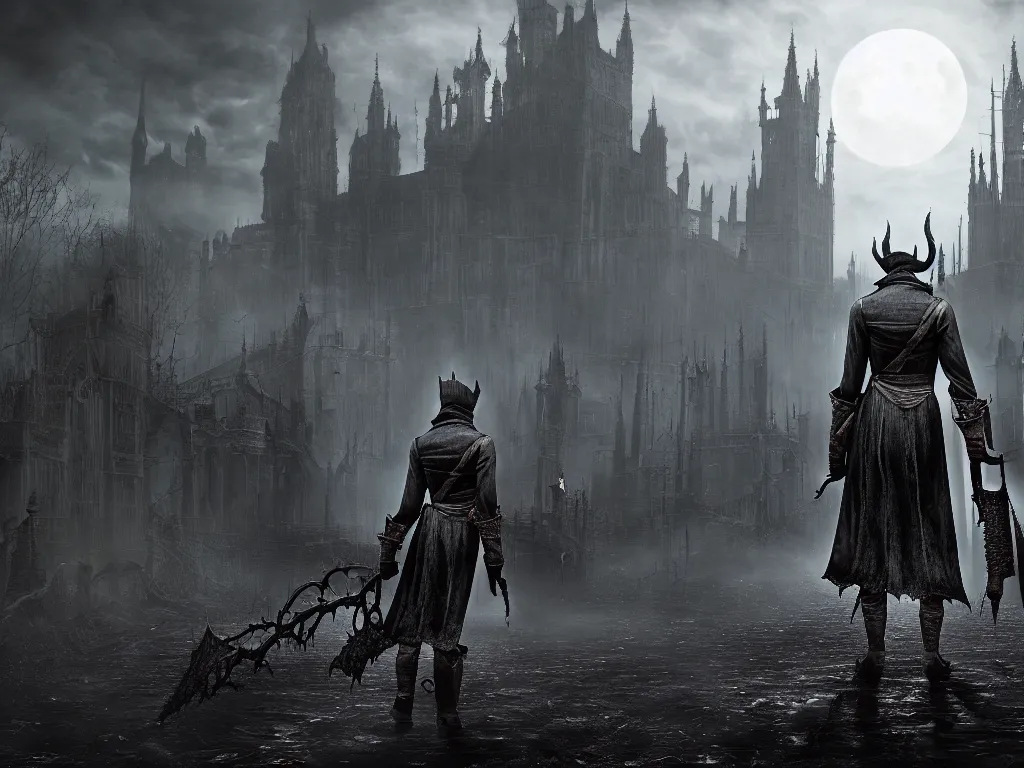 Image similar to bloodborne 2, dark, nighttime, victorian england style, horror, grotesque, serene, haunting, heavy atmosphere, claustrophobic, insanity, High Definition detail, 8K