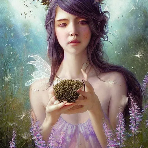 Image similar to a beautiful fairytale painting of a cute thistle seed fairy, a fairy made out of a thistle seed. the thistle seed is her body. dreamy beautiful painting by artgerm and greg rutkowski and magali villanueve