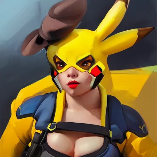 Image similar to greg manchess portrait painting of pikachu as overwatch character, medium shot, asymmetrical, profile picture, organic painting, sunny day, matte painting, bold shapes, hard edges, street art, trending on artstation, by huang guangjian and gil elvgren and sachin teng