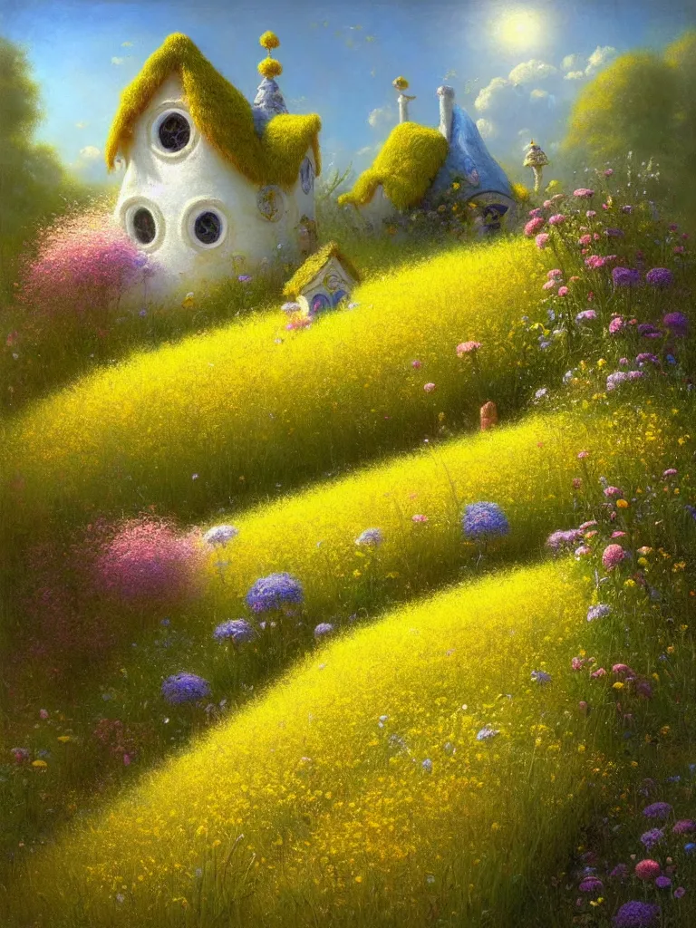 Prompt: a whimsical fairy house in a field of white and yellow of flowers Justin Gerard, morning light