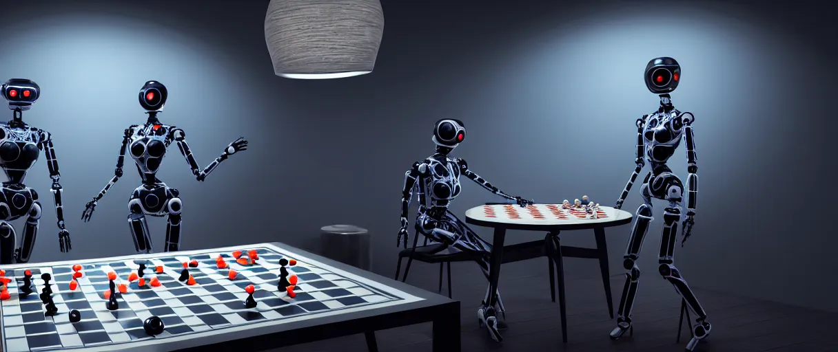 Image similar to a gorgeous highly detailed photo of two futuristic full - body humanoid robots with glowing led eyes sit on large midcentury recliners facing off in an intense game of checkers. cinematic movie photograph, cinematic lighting, arri alexa, extremely detailed, smooth, very very clean, 8 k, octane render, maya render, unreal engine, trending on artstation, dslr