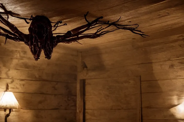 Image similar to film still of a six legged monster clinging to the ceiling of an old cabin's living room, horror movie, eerie, creepy, dark, amazing lighting, great cinematography, directed by scott derrickson