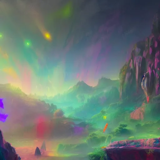Prompt: landscape of hero with pistol swimming in chromatic SPIRITS in misty mysterious astral temple, beautiful, dmt, trending on artstation, omnious, soft, artwork by Wong, Liam