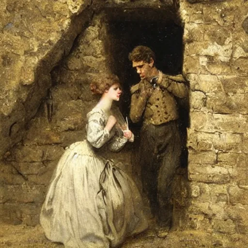 Image similar to young victorian man and woman solving a riddle carved into a stonewall in a dungeon, by alfred stevens