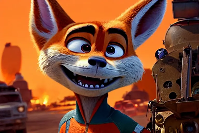 Image similar to nick wilde ( from zootopia ), heavily armed and armored facing down armageddon in a dark and gritty reboot from the makers of mad max : fury road