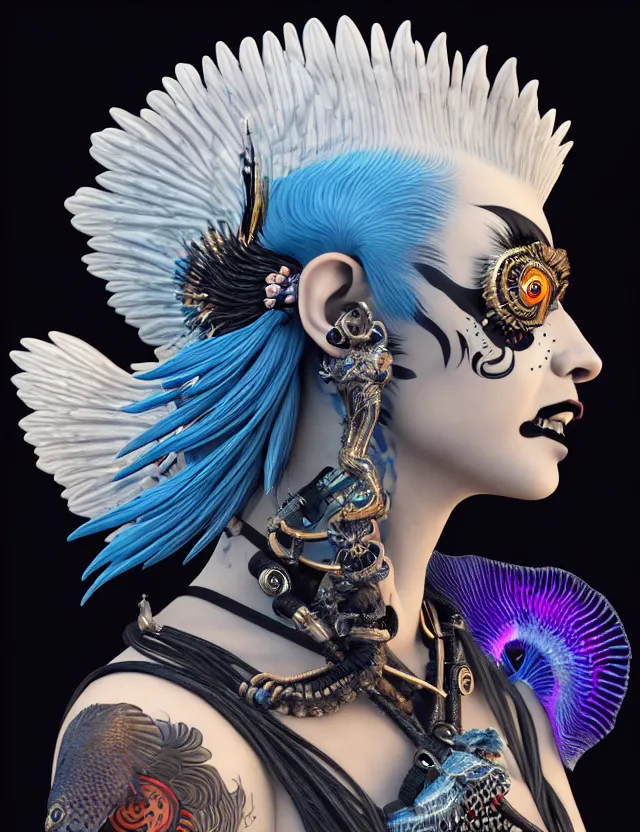 Image similar to 3 d goddess close - up profile portrait punk with mohawk with ram skull. beautiful intricately detailed japanese crow kitsune mask and clasical japanese kimono. betta fish, jellyfish phoenix, bio luminescent, plasma, ice, water, wind, creature, artwork by tooth wu and wlop and beeple and greg rutkowski