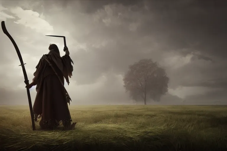 Image similar to concept art, a stage, man with scythe, traditional romanian clothing, dramatic lighting, beautiful, volumetric lighting, colorful, octane render