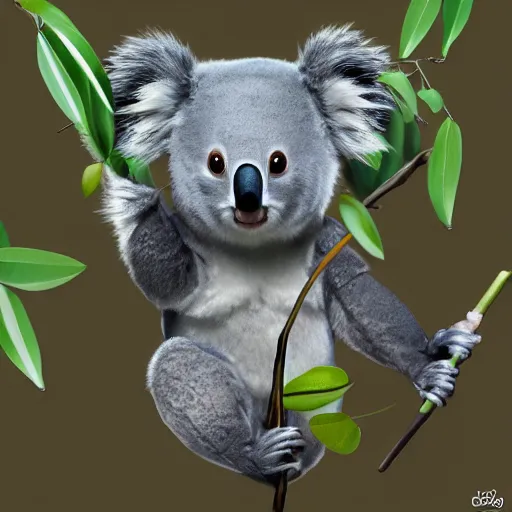 Prompt: Koala with a top hat eating eucalyptus, realistic, detailed, trending on artstation