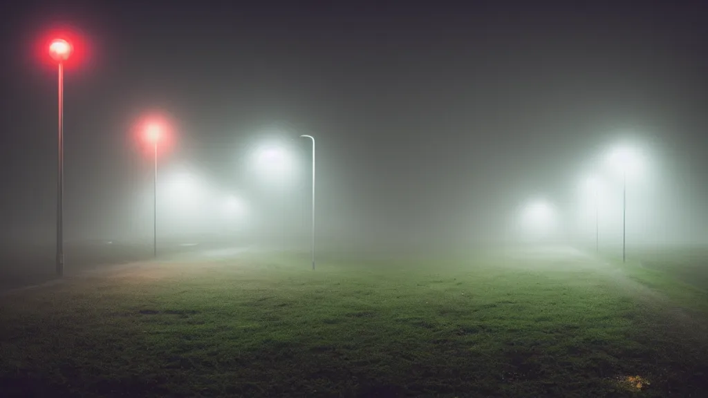Image similar to photograph of a foggy neon park at night by henri prestes, 4 k resolution