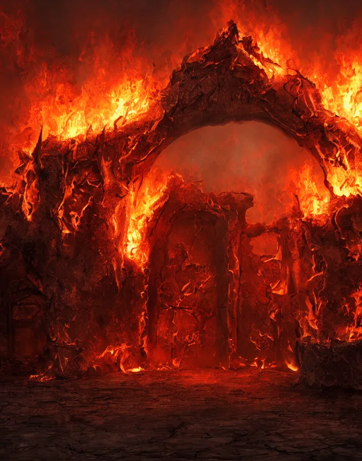 Image similar to Gates of hell by paul chadeison, concept art, ultra realistic, super detailed, photorealistic,fire, smoke, cinematographic, epic lighting, religious