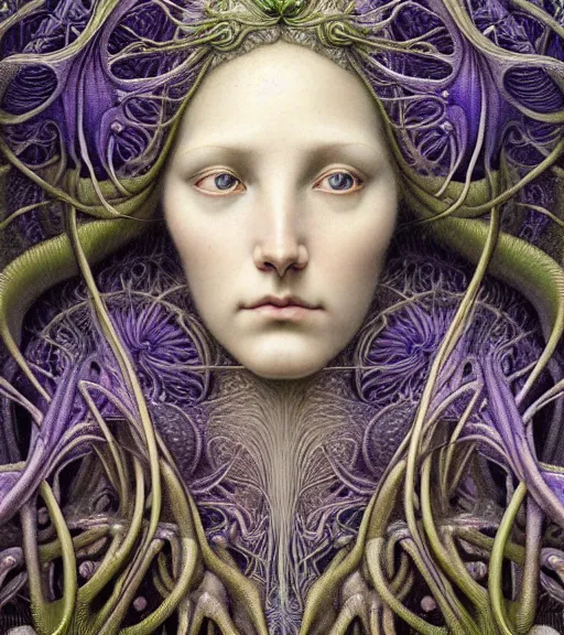 Image similar to detailed realistic beautiful iris goddess face portrait by jean delville, gustave dore, iris van herpen and marco mazzoni, art forms of nature by ernst haeckel, art nouveau, symbolist, visionary, gothic, neo - gothic, pre - raphaelite, fractal lace, intricate alien botanicals, ai biodiversity, surreality, hyperdetailed ultrasharp octane render