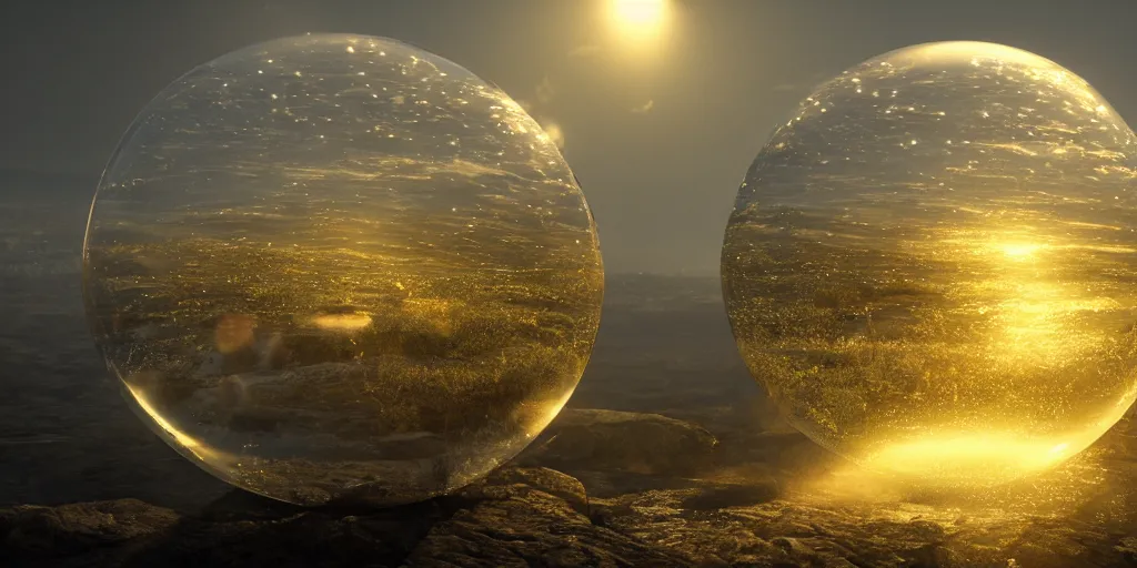 Prompt: Photorealistic intricate detailed picture of a giant floating glass sphere, a gentle rising mist, an epic rocky landscape. occult photorealism, UHD, amazing depth, glowing, golden ratio, 3D octane cycle unreal engine 5, volumetric lighting, cinematic lighting, cgstation artstation concept art