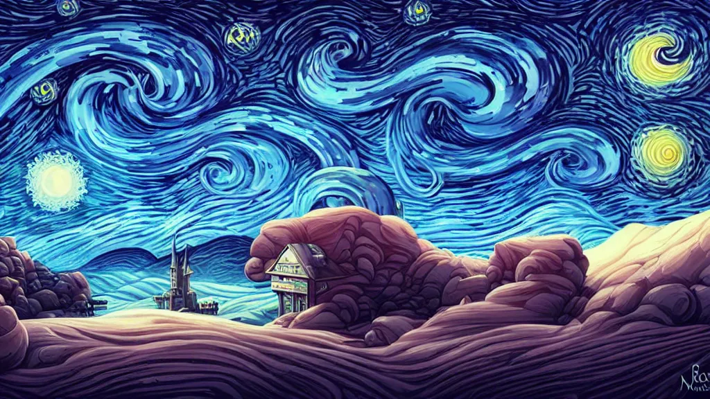 Prompt: a tesla model x by cyril rolando and naomi okubo and dan mumford and ricardo bofill. lovecraft. lovecraftian. starry night swirly sky.