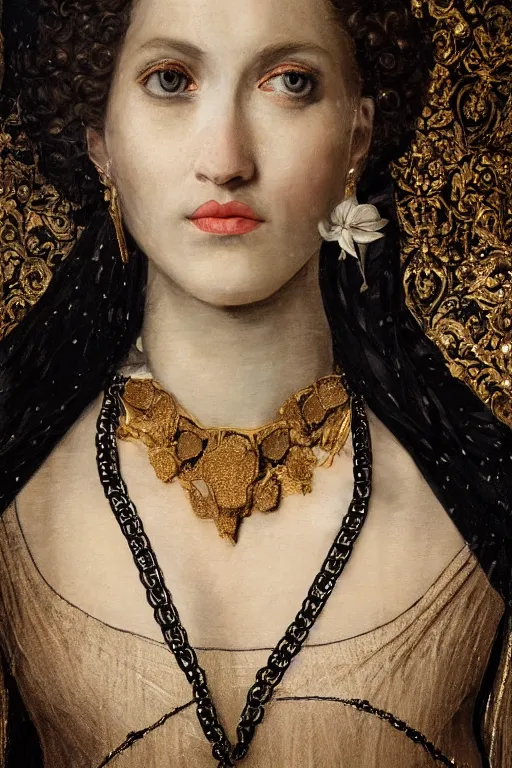 Prompt: hyperrealism close - up mythological portrait of a beautiful medieval woman's shattered face blended with black flowers in style of classicism, gold chains around the neck, pale skin, ivory make up on the eyes, wearing black silk robe, dark and dull palette
