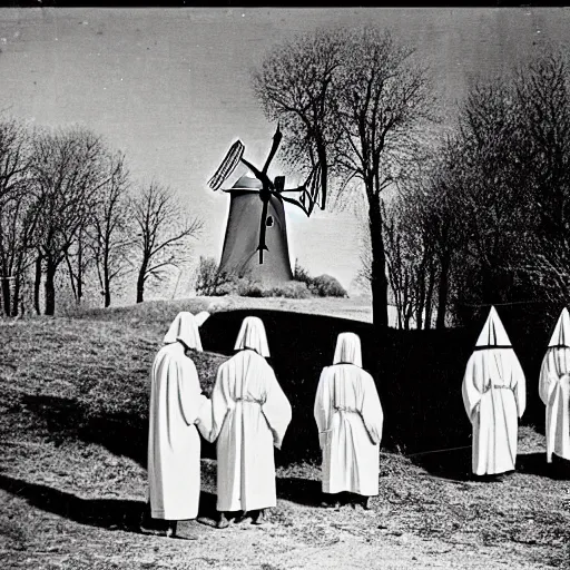 Image similar to worshippers dressed in robes belonging to the cult of the windmill. Dilapidated 1800s windmill. Old windmill. 1800s photo.