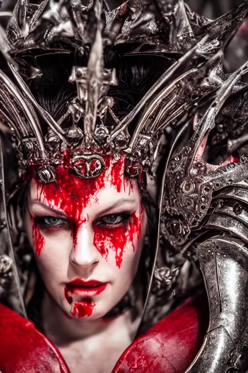 Image similar to the blood crown queen wear the scarlet armor, cinematic lighting, various refining methods, micro macro autofocus, ultra definition, award winning photo