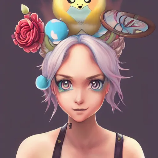 Image similar to Lofi Pokemon original character with wild rose-colored hair and heterochromia, somber, psychic fairy type trainer, Pixar style, by Tristan Eaton Stanley Artgerm and Tom Bagshaw.