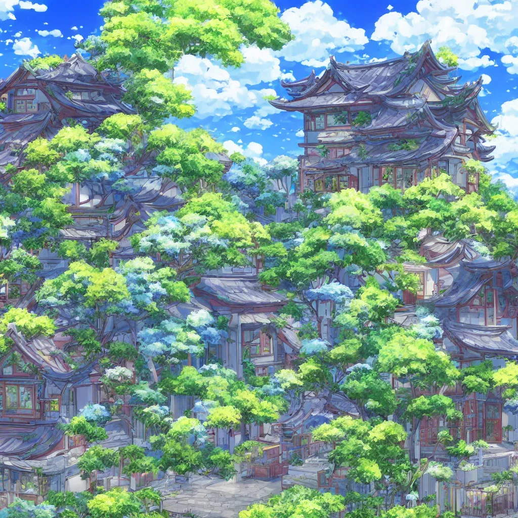 Image similar to a house with a beautiful garden and a blue sky with clouds in anime style, in the style of Lampbo Chun on ArtStation and Son Rice on ArtStation, 4k,