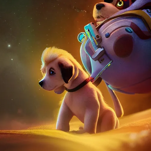 Image similar to dog character 1 1, small puppy, rich dog, high quality image, smart dog, dog with gun, dog in space, illustration, dog in mountain, soft, concept art, intricate details, highly detailed, colorful, photorealistic, disney pixar, octane render, iridescent, anime, 8 k