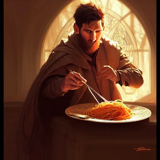 Image similar to Messi eating spaghetti, D&D, fantasy, intricate, elegant, highly detailed, digital painting, artstation, concept art, matte, sharp focus, illustration, art by Artgerm and Greg Rutkowski and Alphonse Mucha