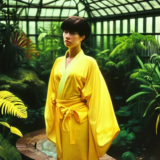 Image similar to Medium format photograph of an perfect woman wearing a yellow kimono in a tropical greenhouse, by james gurney, by john william waterhouse