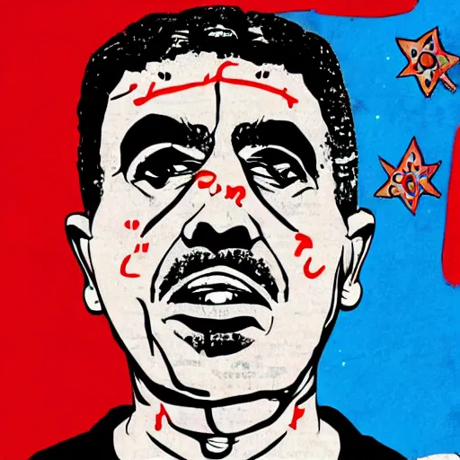 Prompt: omar souleyman in the style of daniel johnston and outsider art, 4k, overlaid with arabic text