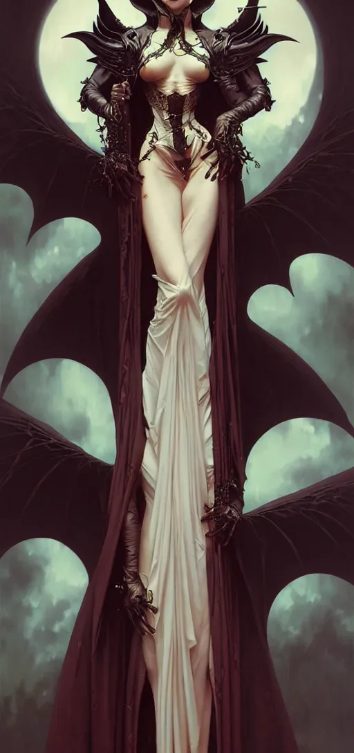 Image similar to close up painting a beautiful vampire queen in gothic robes with bat wings, by nekro, peter mohrbacher, alphonse mucha, elegant, highly detailed, artstation