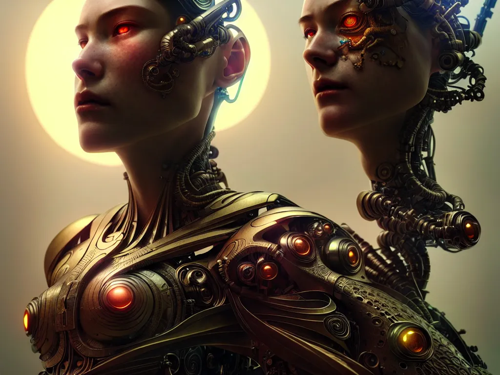 Image similar to ultra realistic beautiful cyborg deity eyes closed, sci-fi, fantasy, intricate details, movie still, highly detailed, photorealistic, octane render, eerie, 8k, art by artgerm and james clyne and greg rutkowski and alphonse mucha