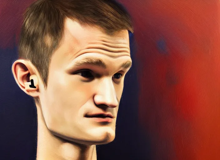 Prompt: vitalik buterin in headphones. vitalik buterin, medium shot, perfect symmetric face, coherent face, coherent eyes, cute, fine details., 4 k, hans zatska, oil paint