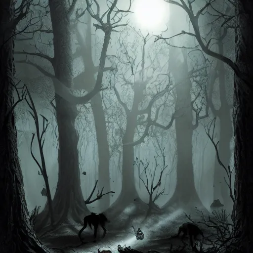 Image similar to Nightmare shadows with glowing eyes lurk in the forest, by Keith Thompson, spooky, dark, night