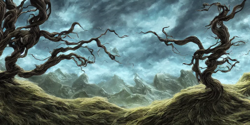 Prompt: bent windswept windswept willows growing on rocks, high quality fantasy art, 4k